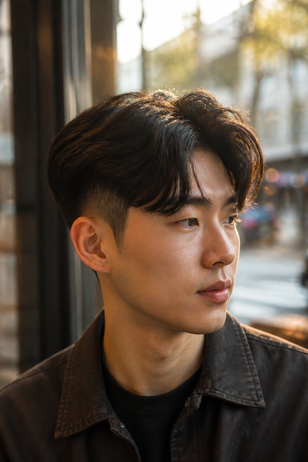 Close-up portrait of a man with a tidy Korean undercut and long layered top in a cafe setting