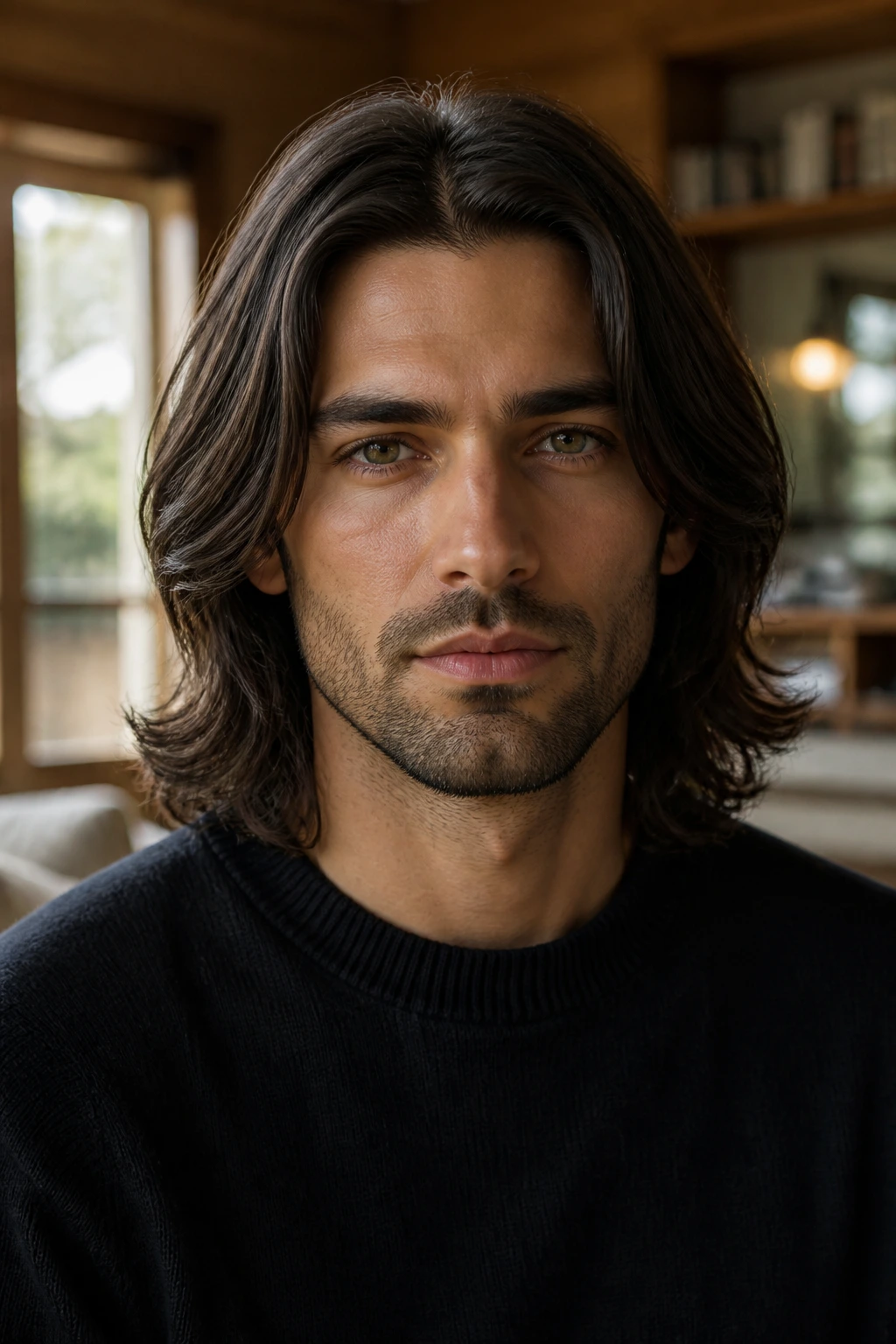 Man with tidy shoulder-length layered hair, center part, in soft daylight.