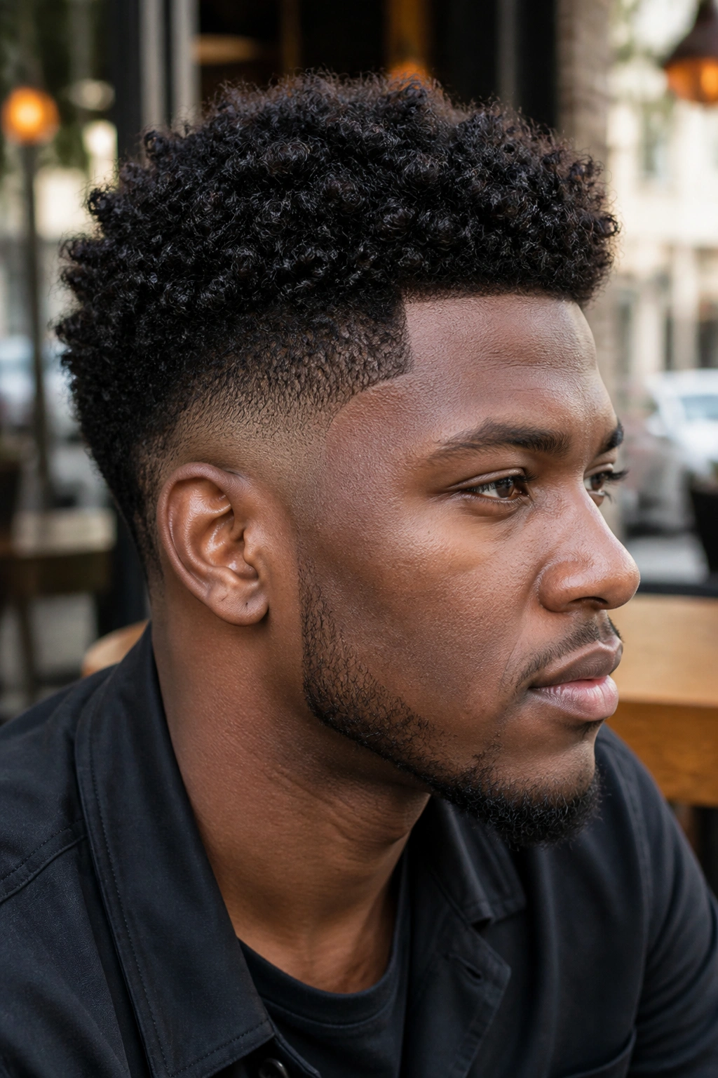 Portrait of a man with tight coil curls and a taper fade.