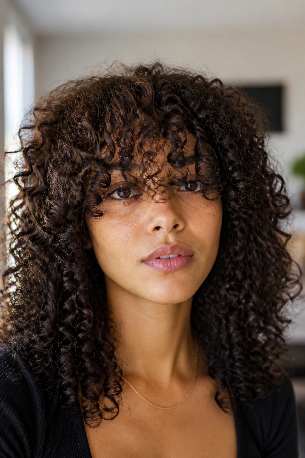 Close-up portrait of a real woman with tight curls and an elongated fringe
