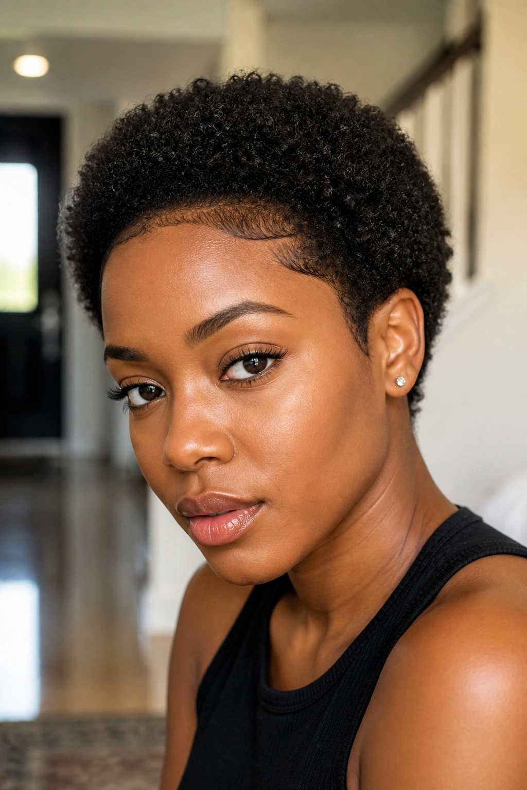 Close-up portrait of a person with a tiny afro and defined hairline