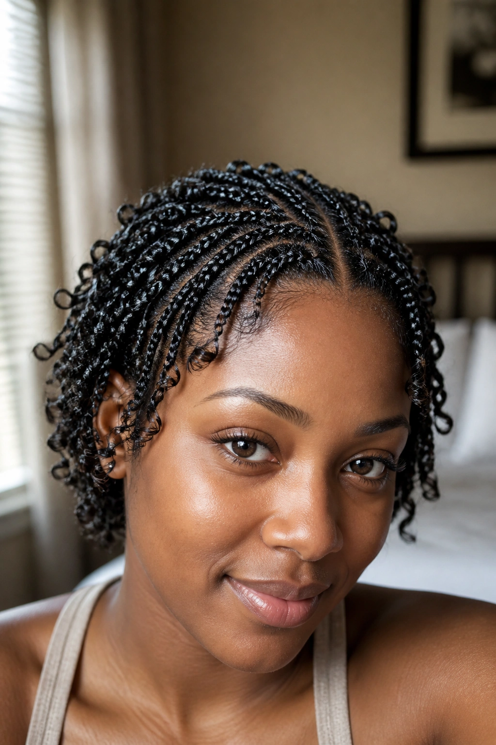 Close-up of a real woman with tiny braids with curled ends, softly lit by window light.