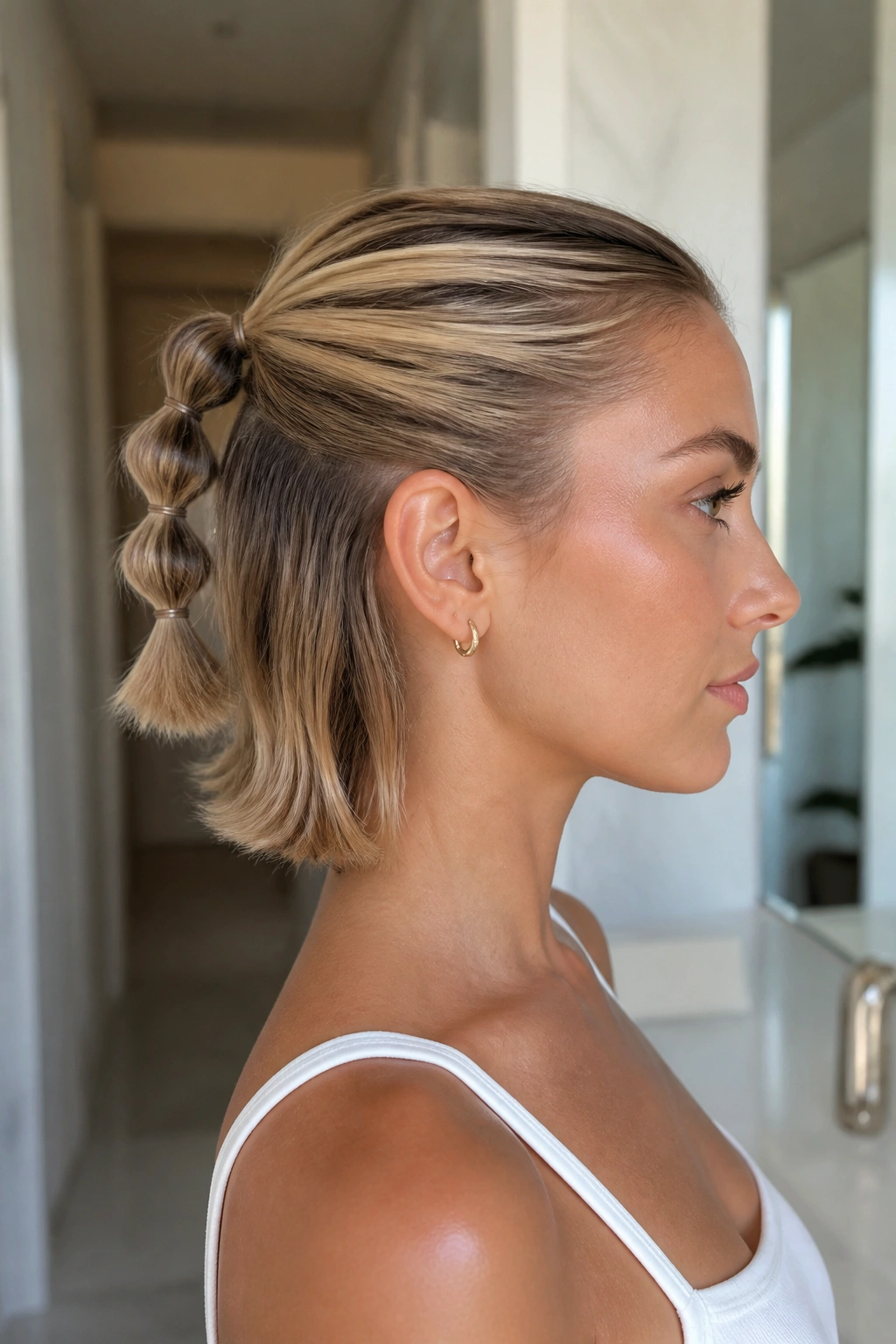 Close-up of a real person with tiny bubbles on a short ponytail.