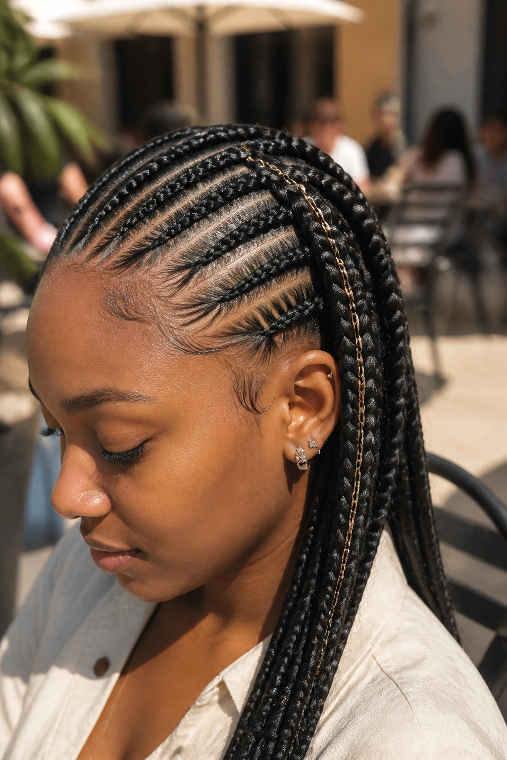 Close-up of a braid with a delicate chain threaded through a single accent braid