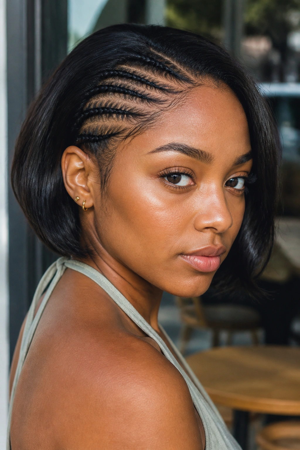 Close-up of a real woman with tiny cornrows along the hairline on a bob.