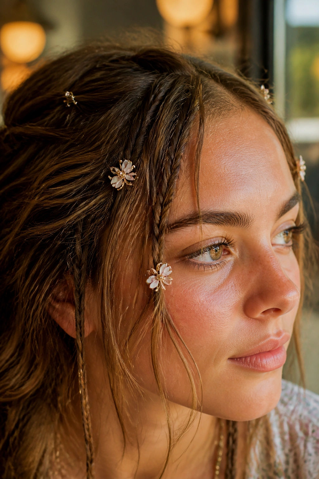 Face-framing braid with tiny floral clips near the temples on a real person.