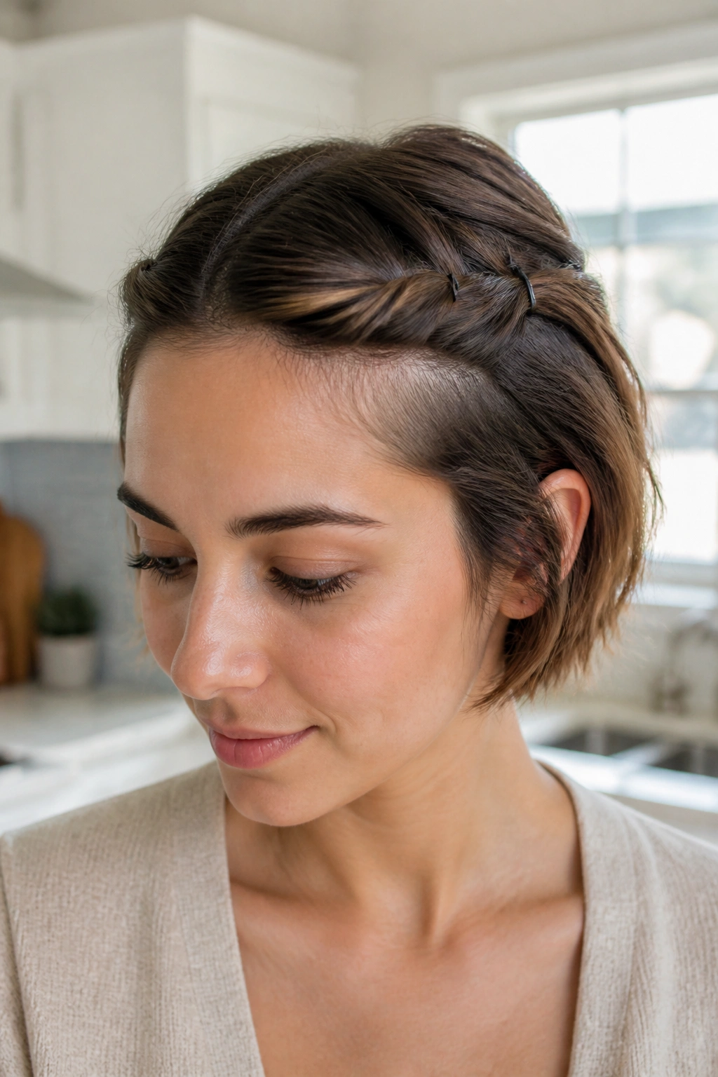 Close-up of a real woman wearing a tiny half-up hairstyle with small front twists