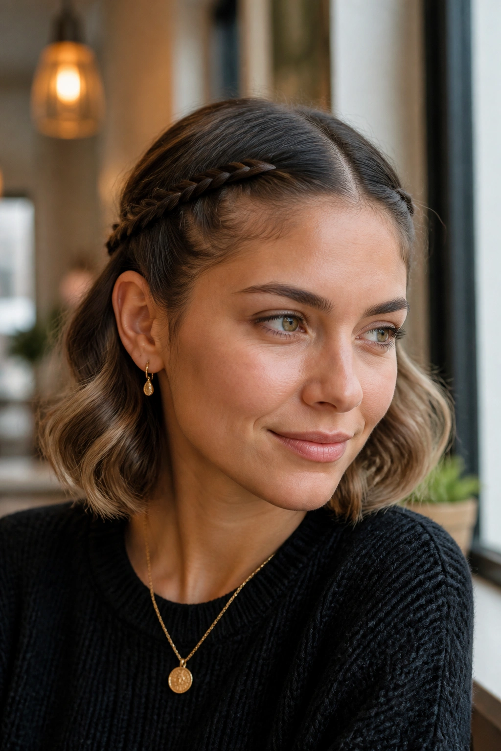 Close-up of a real woman with tiny side braids pulled back