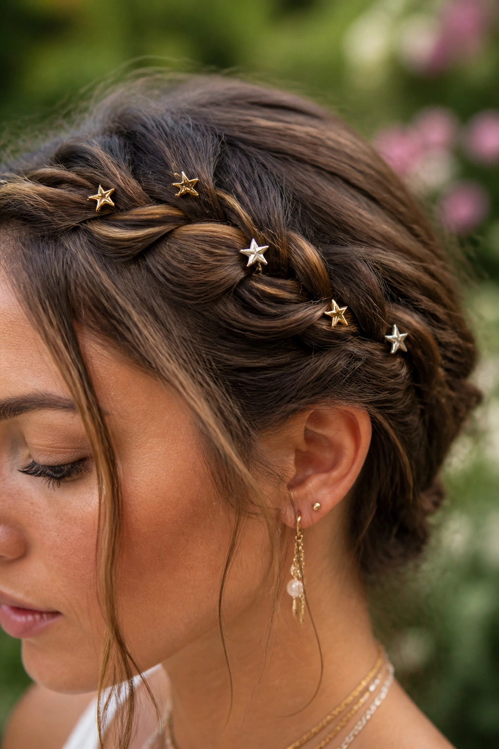 Close-up of a real woman with tiny star hair rings in a crown braid