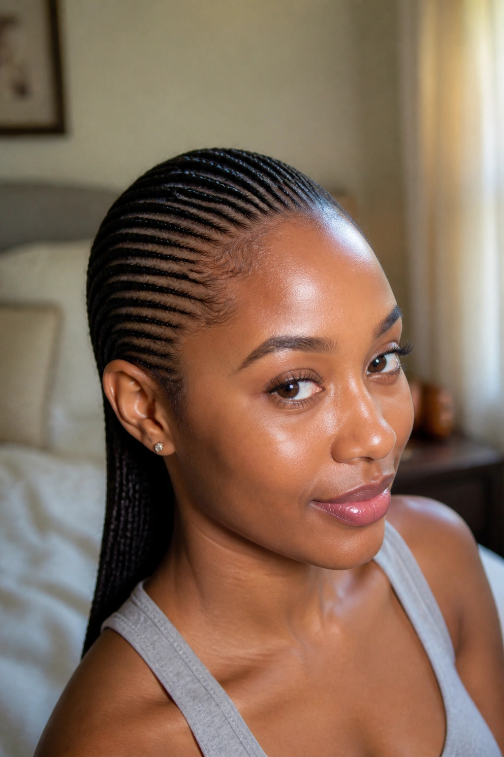 Close-up of a real woman with many tiny straight-back cornrows across the scalp