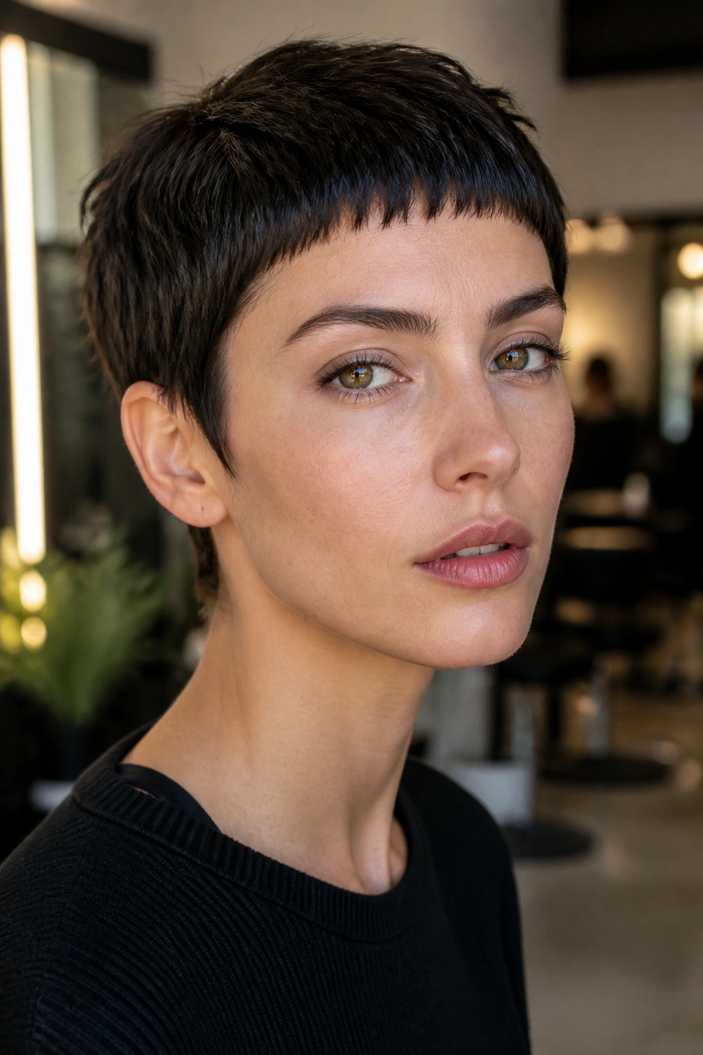 Close-up of tiny straight bangs with a pixie cut on a real person