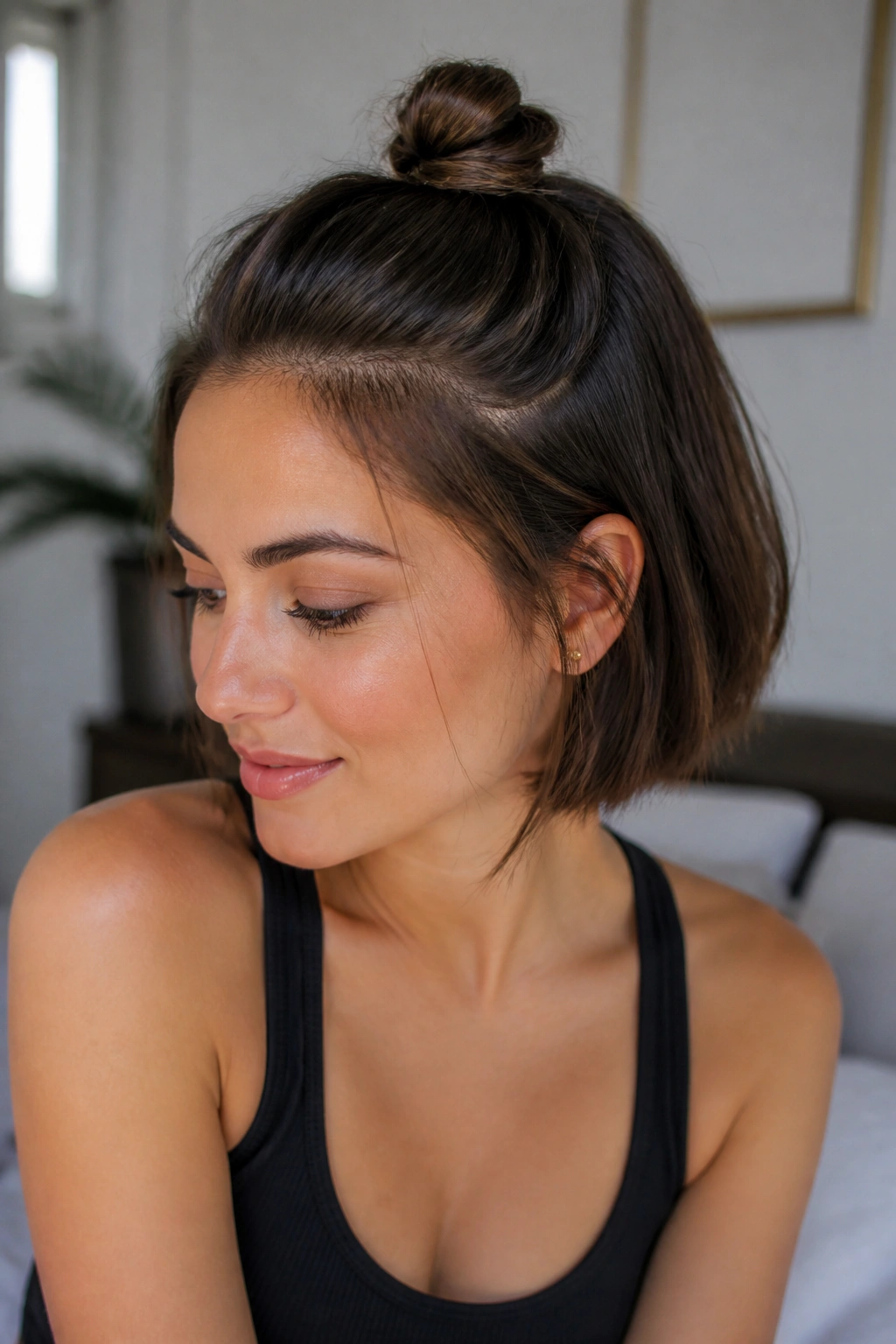 Close-up of real woman with a tiny top knot on a bob
