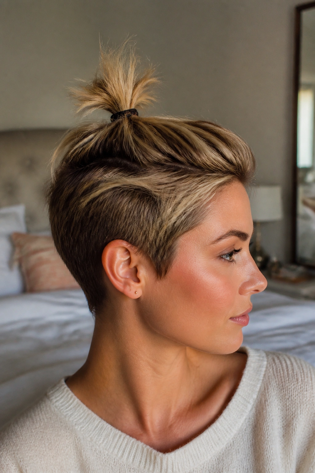 Close-up of real person with a tiny top knot on the crown