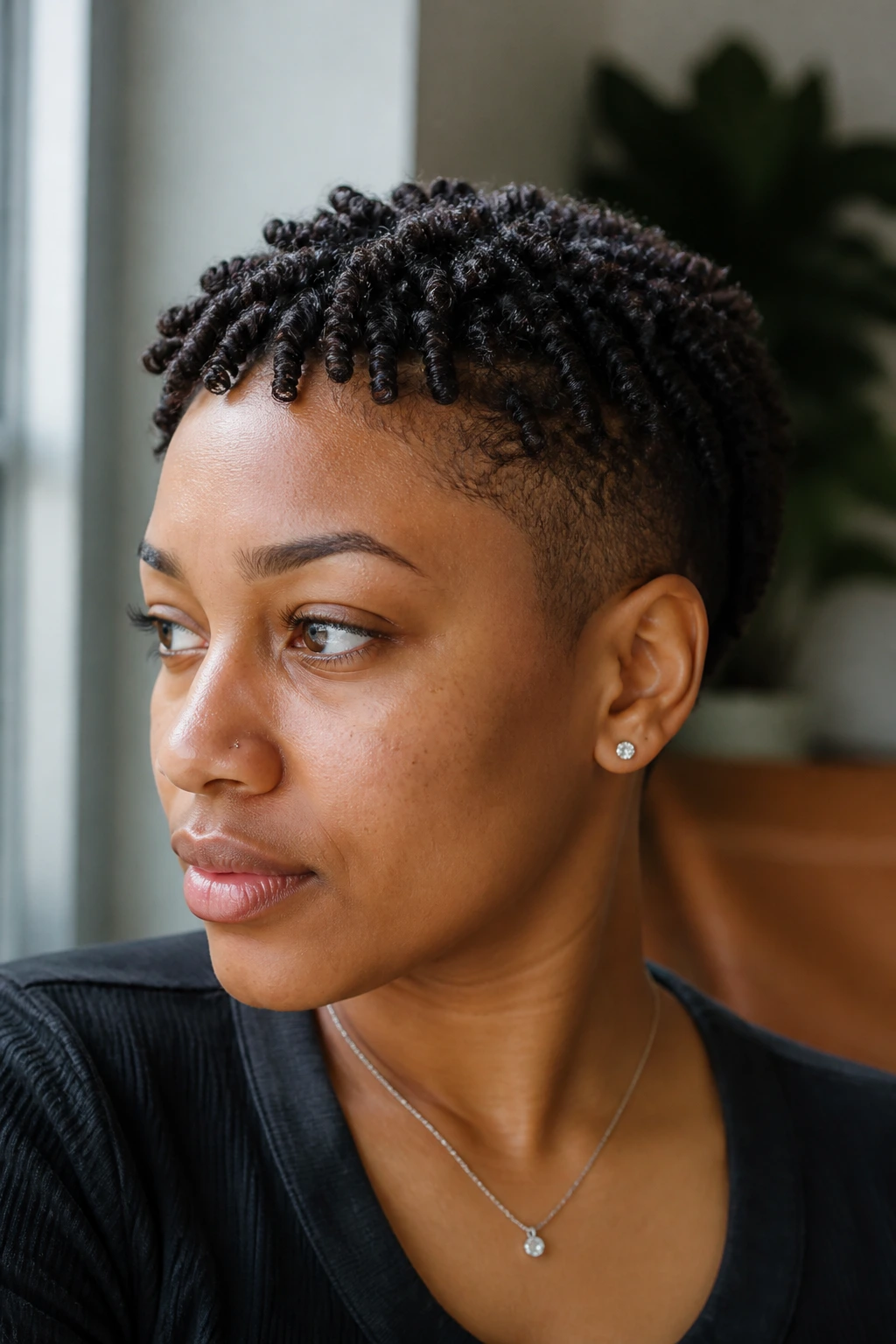 Close-up of a real person with mini twist-out on a tapered haircut