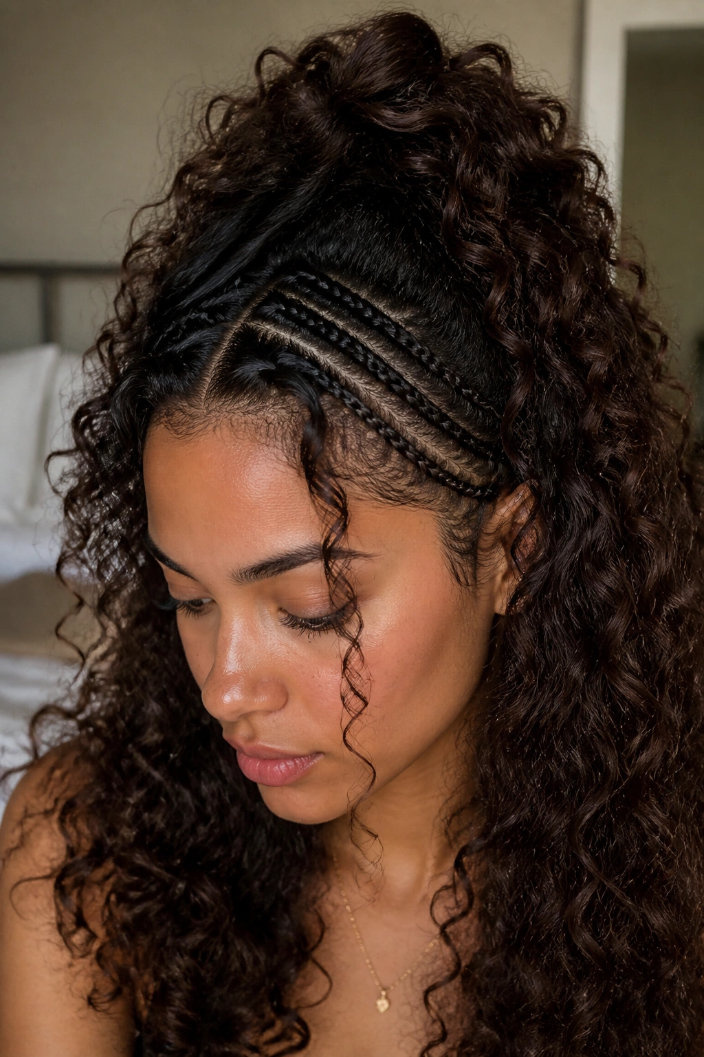 Close-up of a real woman with tiny front braids in a curly half-up style