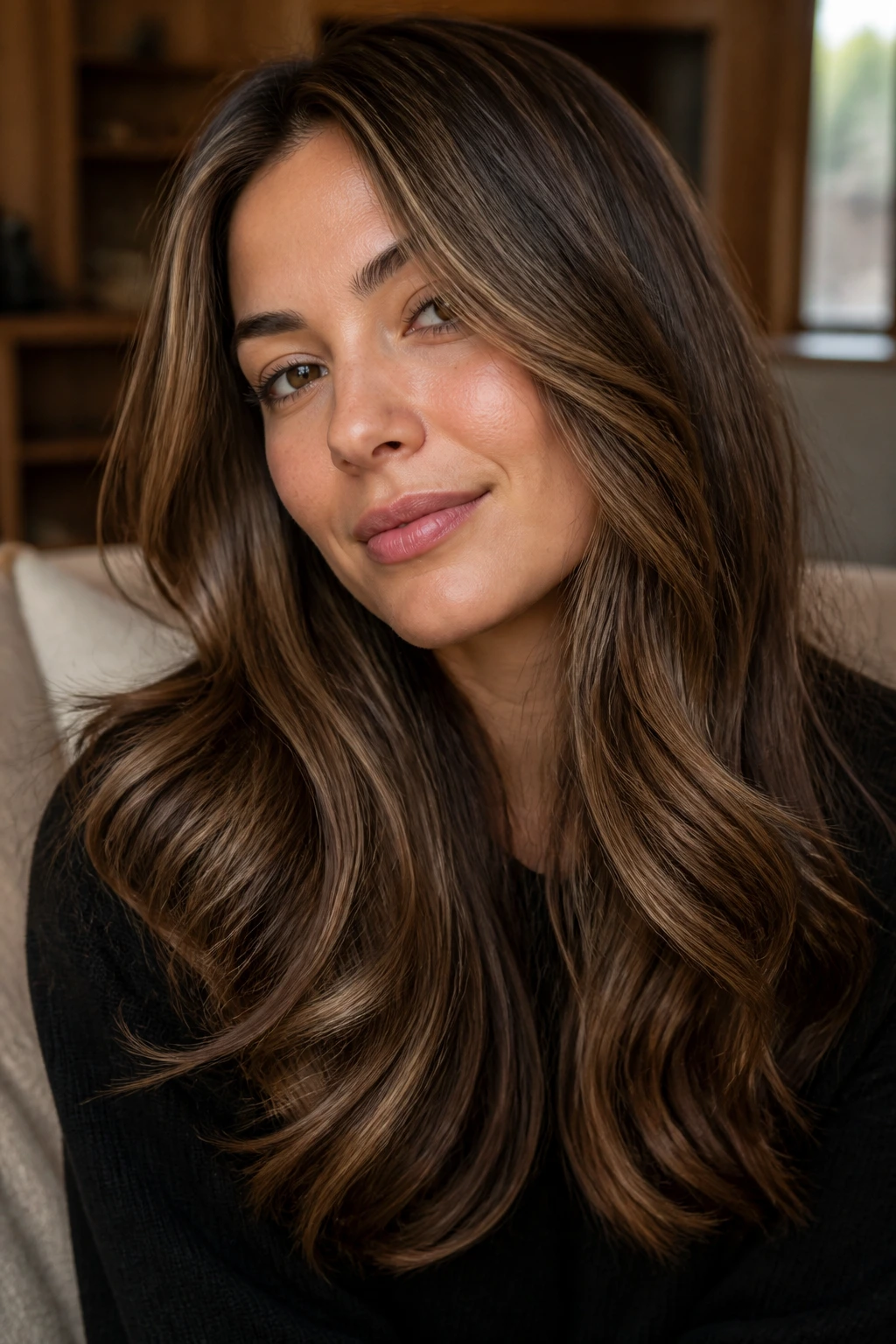 Close-up of a woman with tiramisu brunette hair showing dimensional brown tones