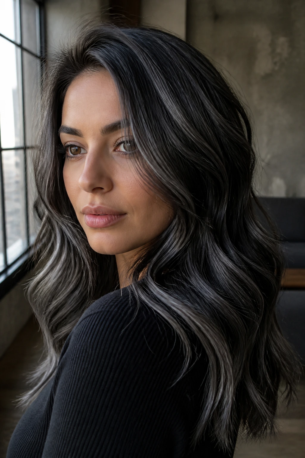 Close-up of brunette hair with titanium grey dimension highlights