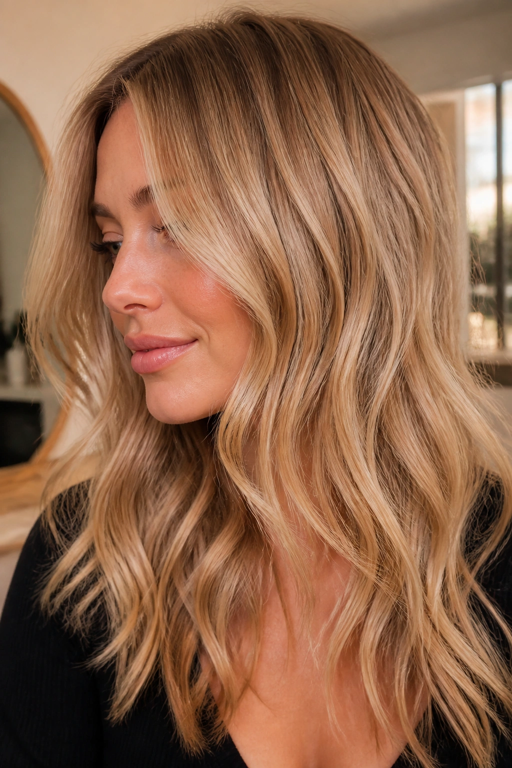 Close-up of real woman with toasted almond blonde in warm beige-gold tones