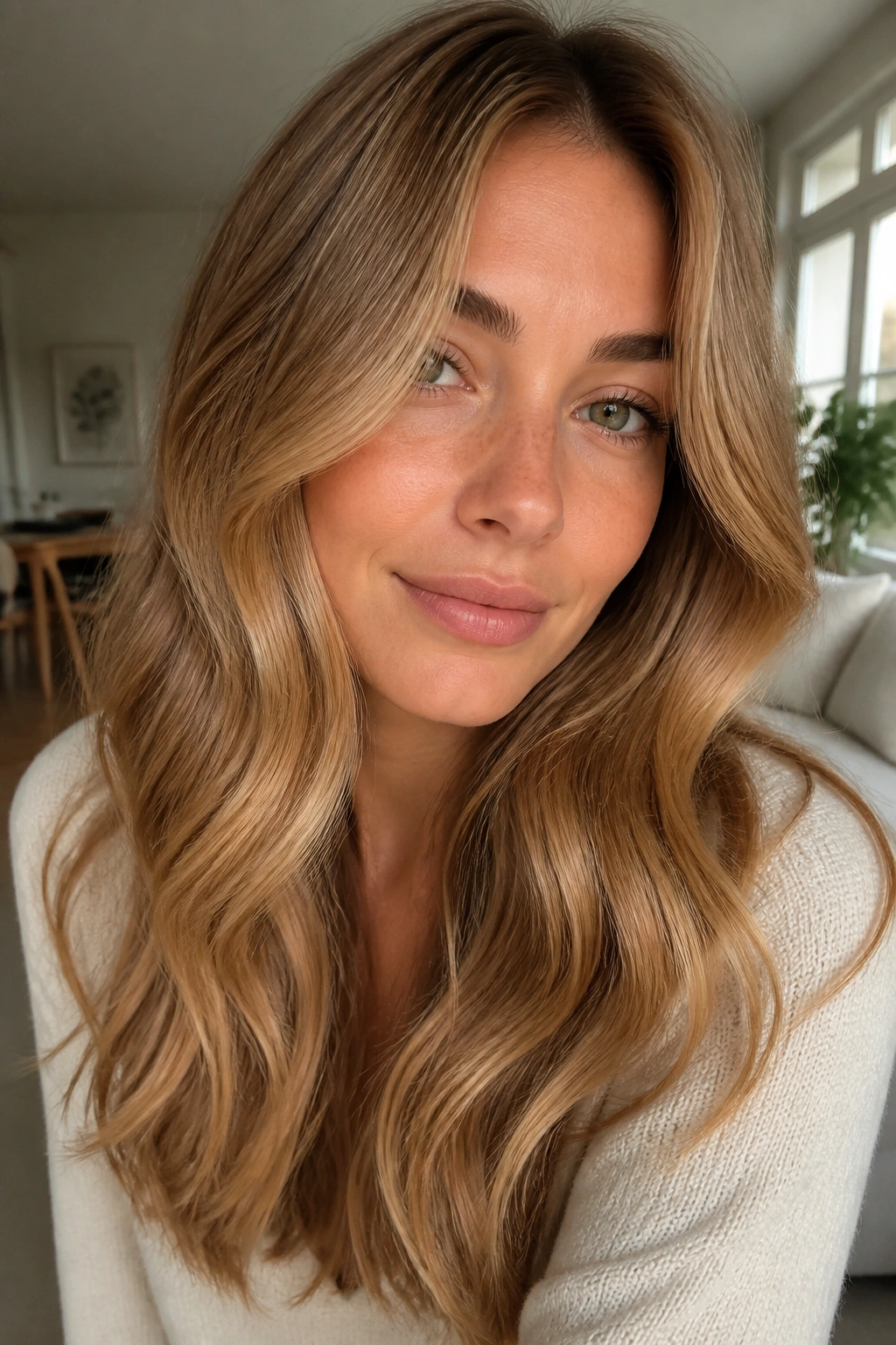 Close-up portrait of a real woman with toasted almond blonde hair in soft waves.