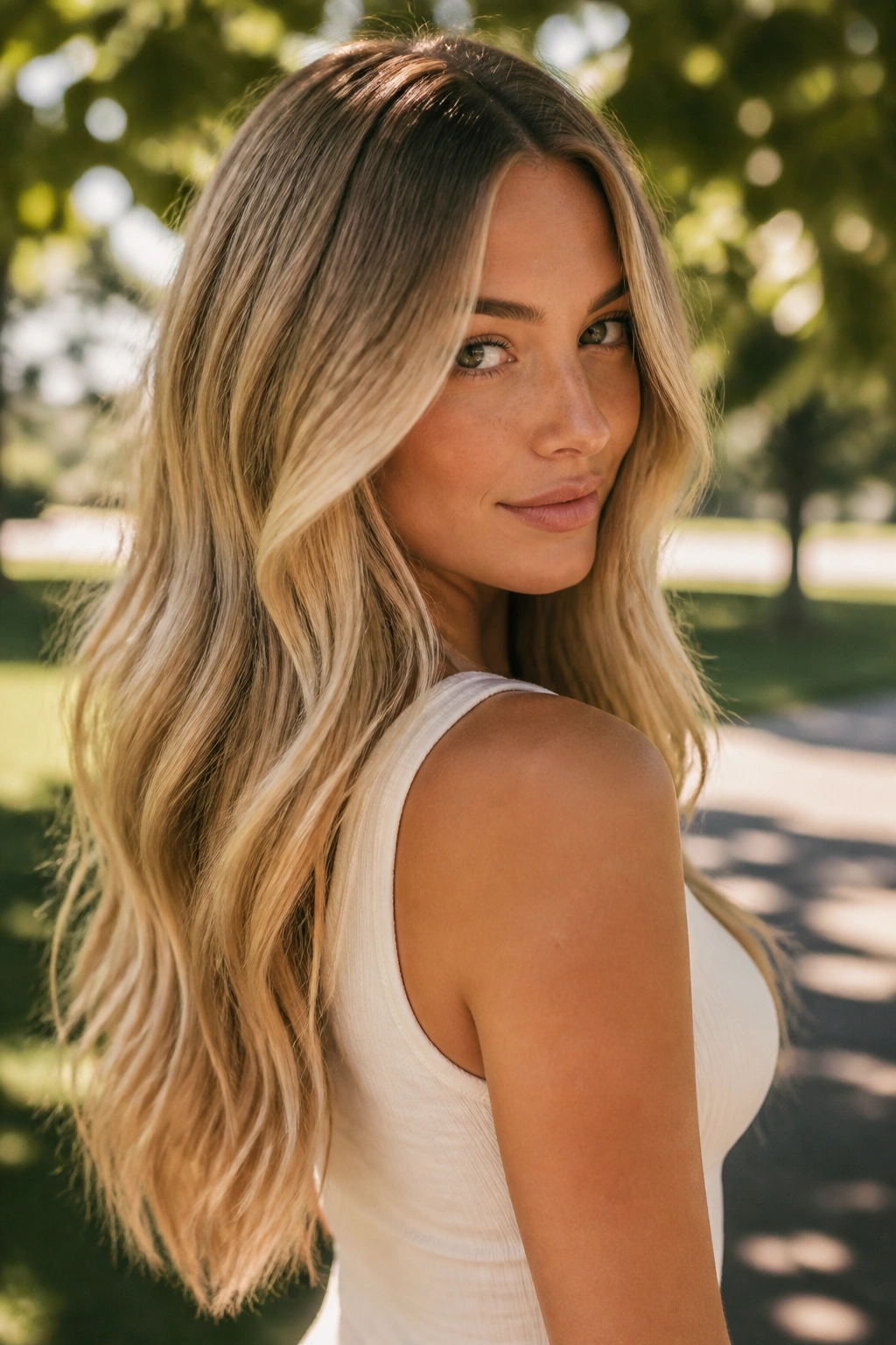 Close-up portrait of a real person with toasted almond blonde hair in a park setting