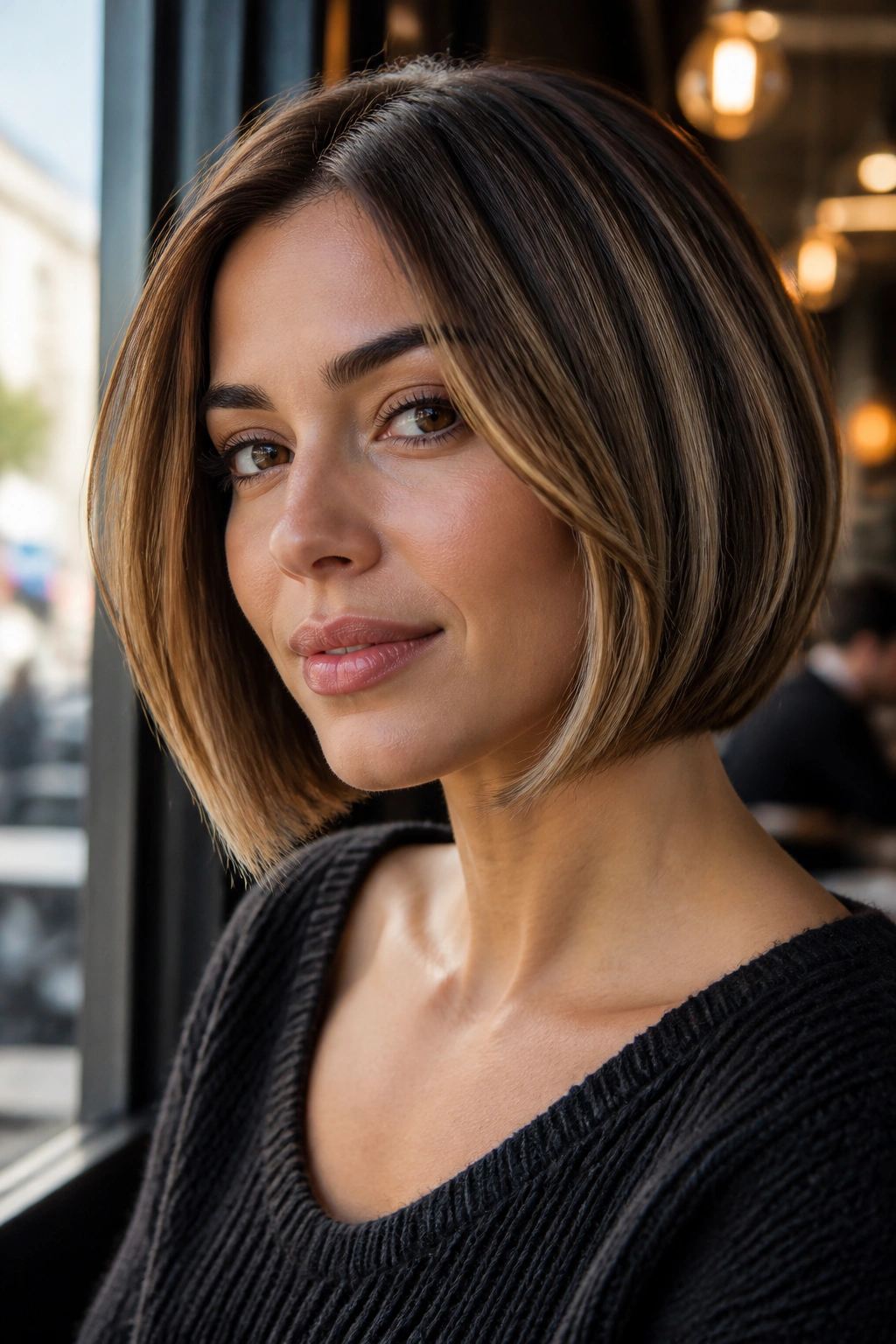 Close-up portrait of a real woman with toasted almond highlights on a bob