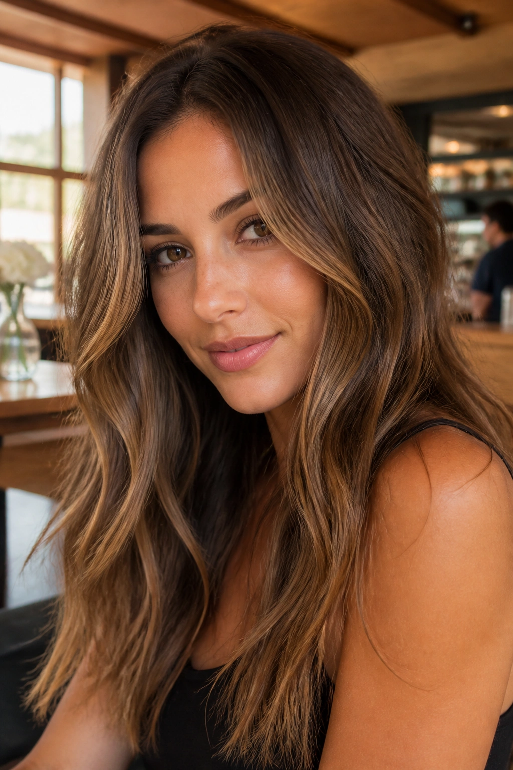 Close-up of a real woman with toasted almond brown hair in a sunlit cafe setting
