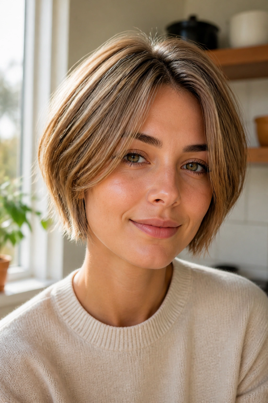 Close-up portrait of a real woman with toasted almond ear-length crop in soft daylight.
