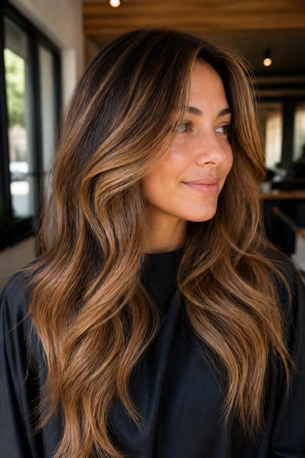 Close-up of a real woman with toasted almond foilayage and wave movement in a modern salon