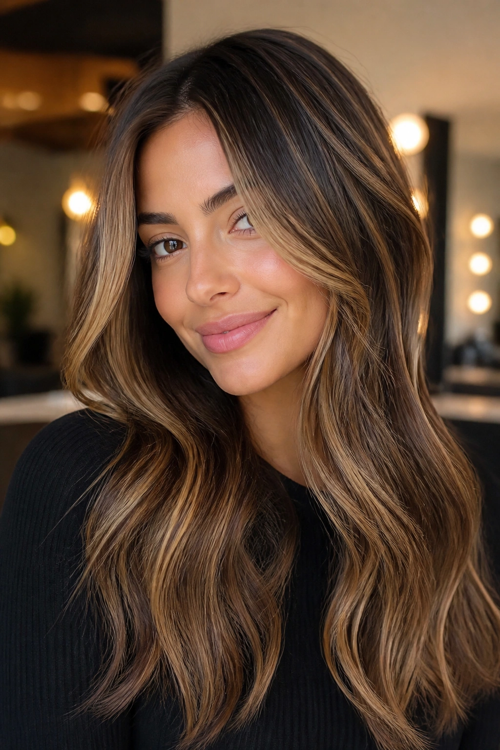Close-up of brunette hair with toasted almond highlights and glossy finish.