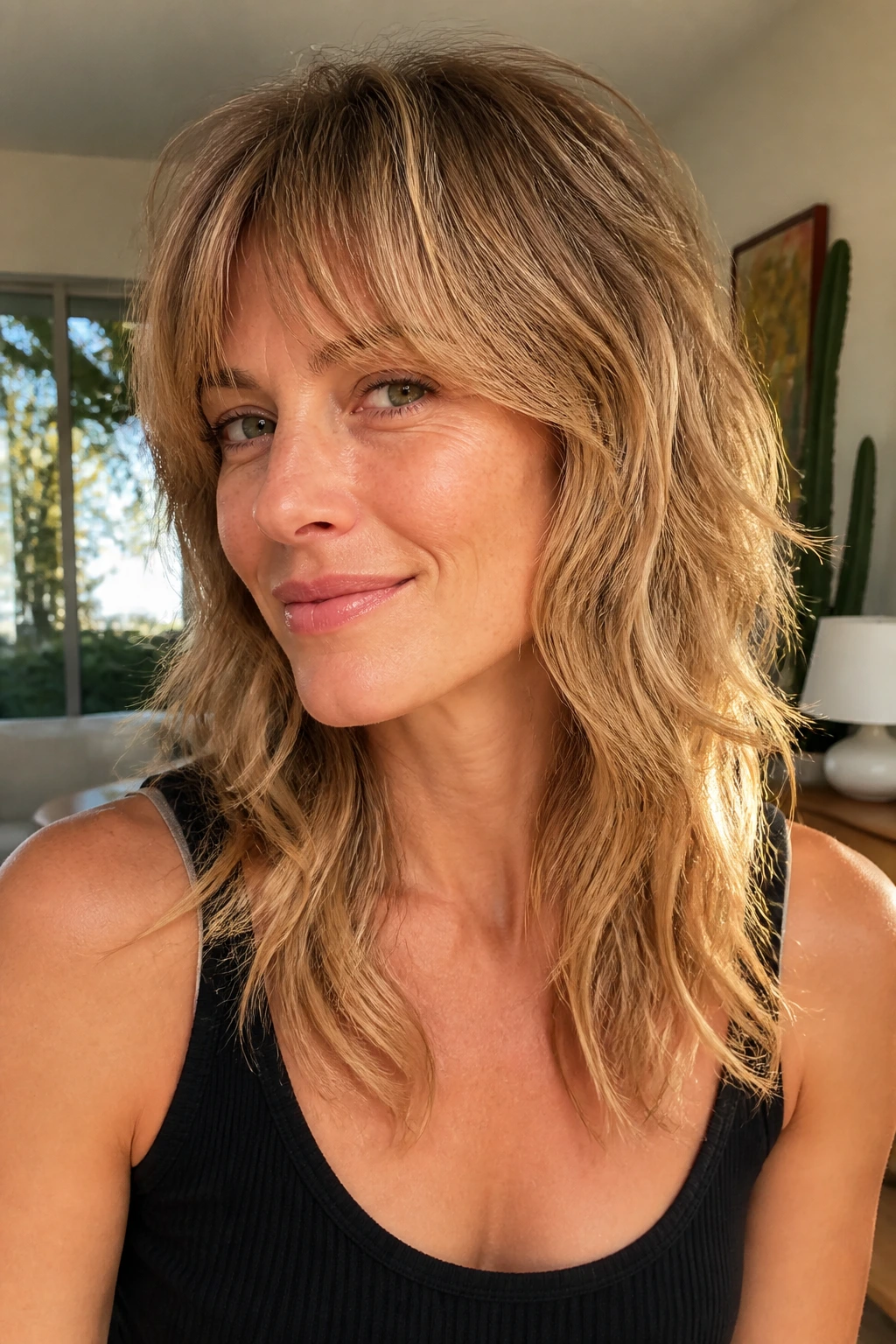 Close-up portrait of a real woman with toasted blonde wolf cut and dimensional ends in a warm living room.