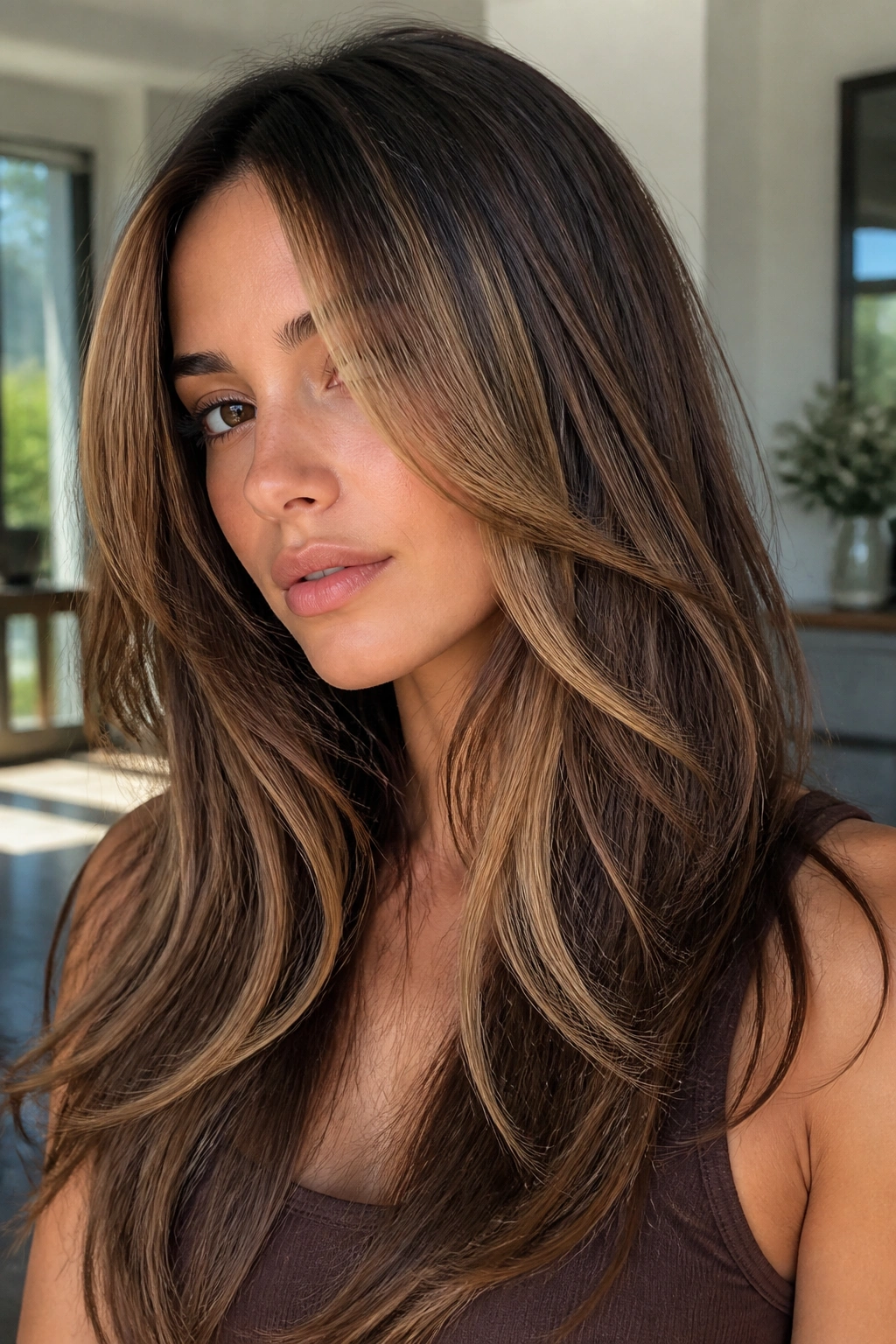 Portrait of a real woman with long layered brown hair and toasted caramel panels.