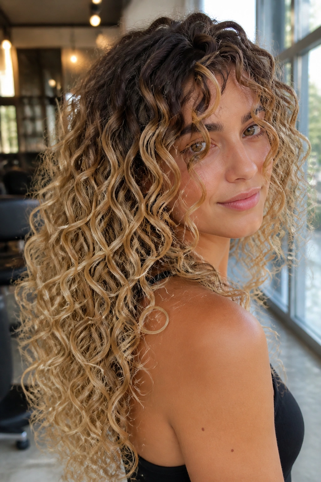 Close-up of curly hair with toasted coconut balayage showing dark roots and light ends