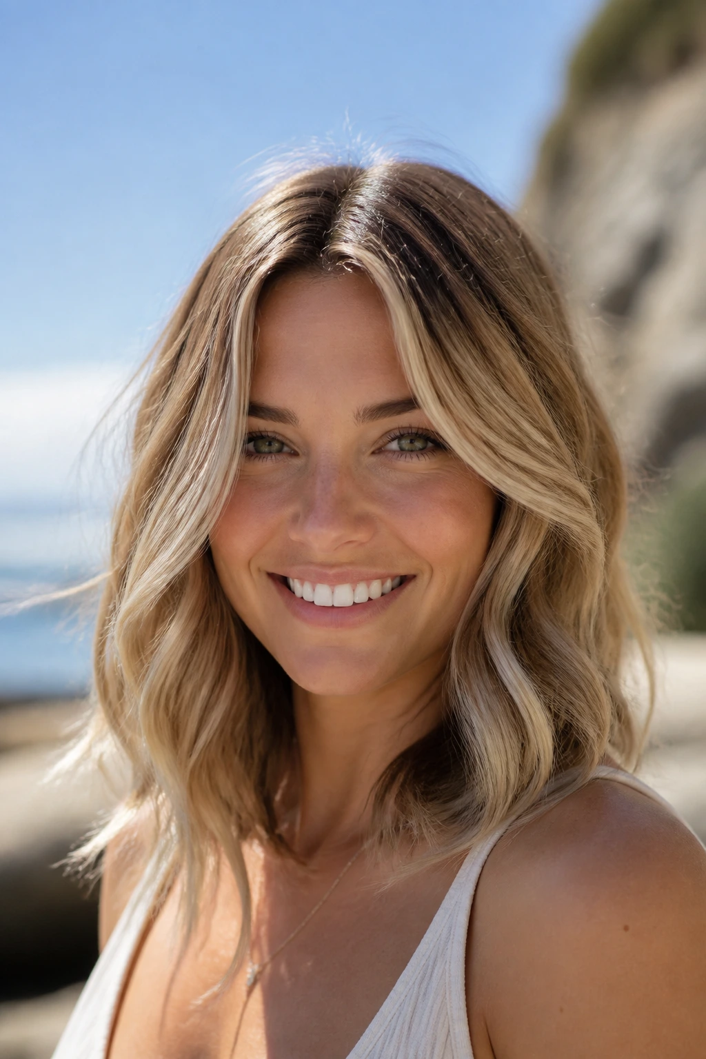 Close-up portrait of a real woman with toasted coconut blonde and wavy ends outdoors in sun