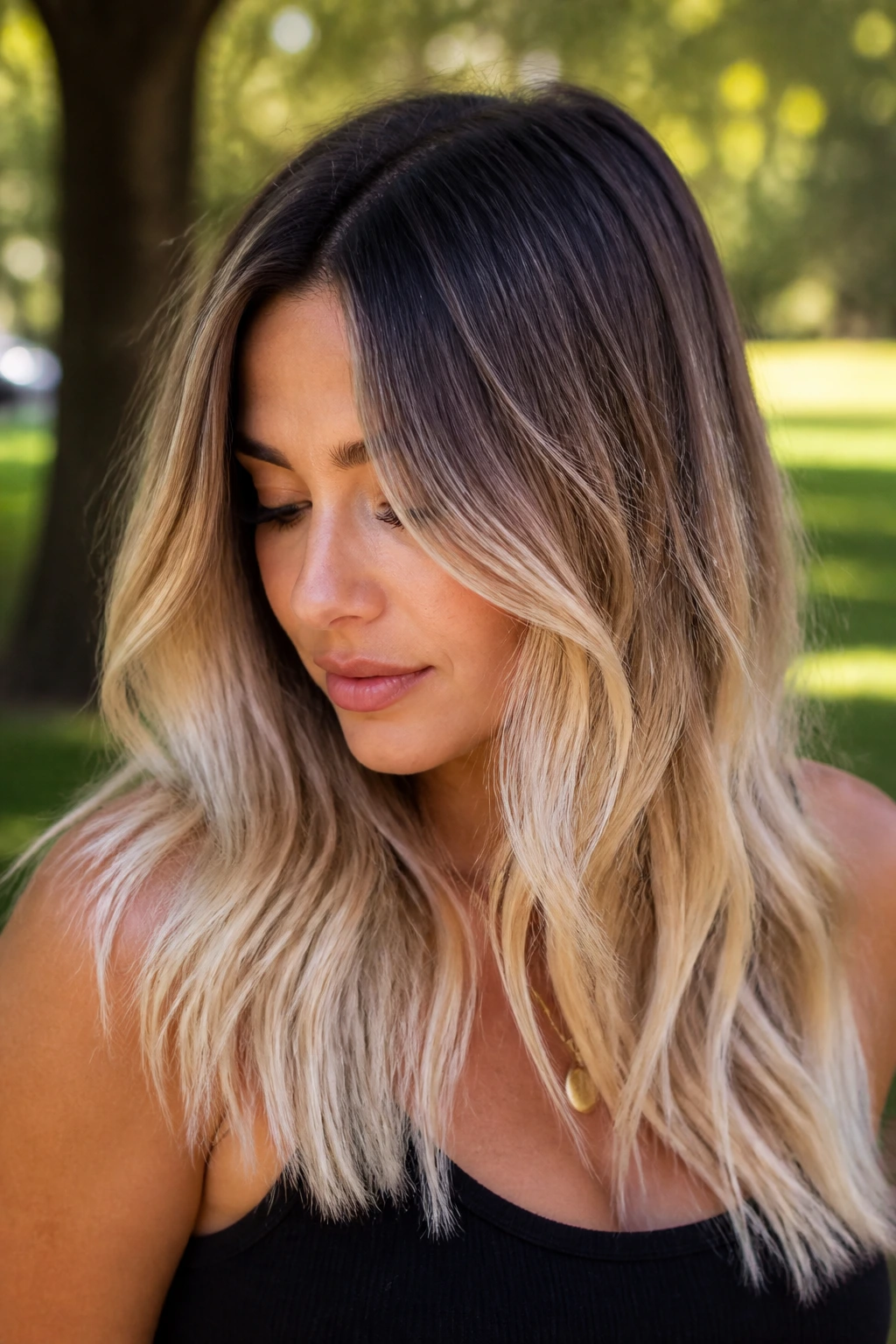 Close-up of a woman's toasted coconut ombré hair with dark roots to light ends