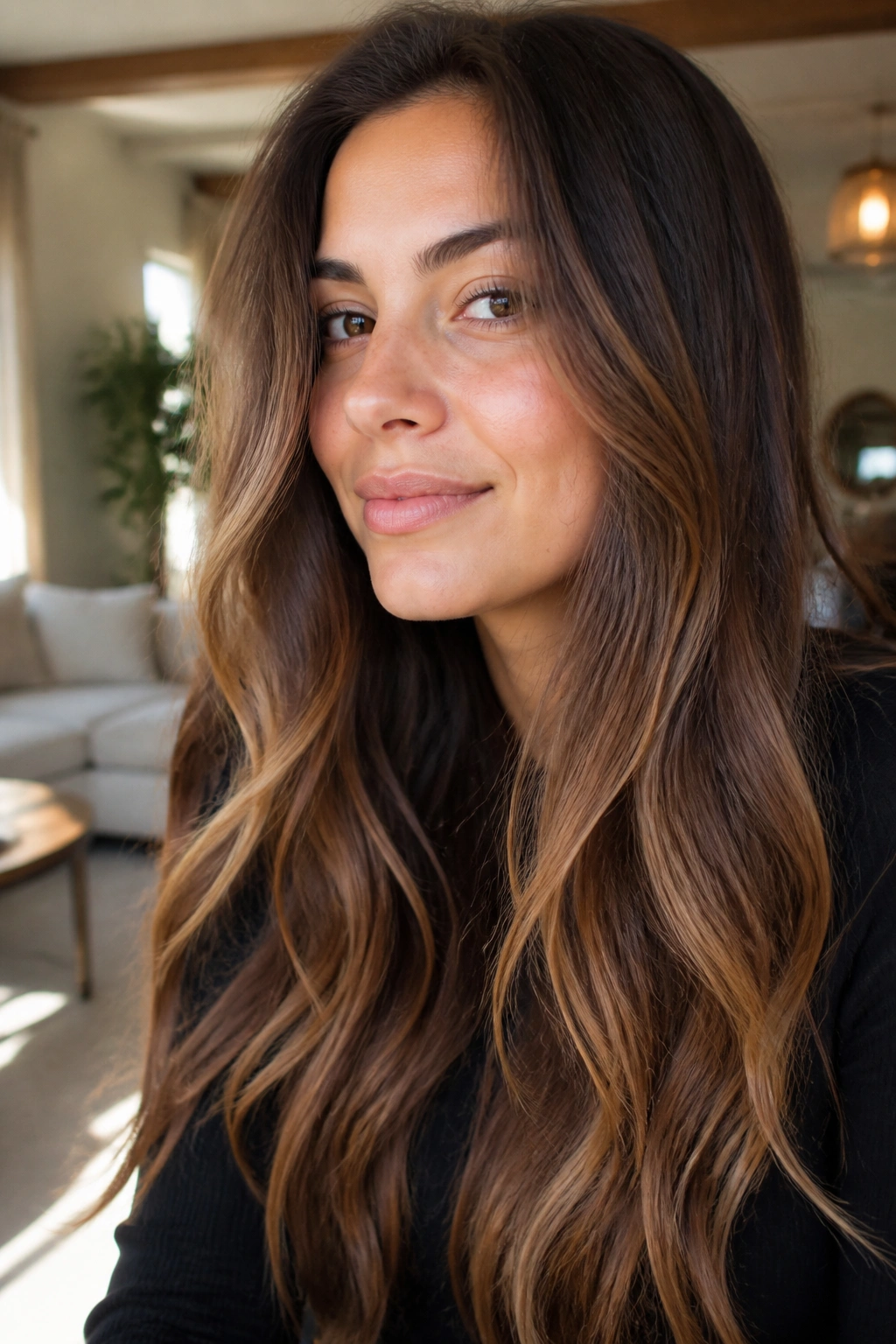 Close-up of brunette hair with hazelnut-toned ends and soft movement
