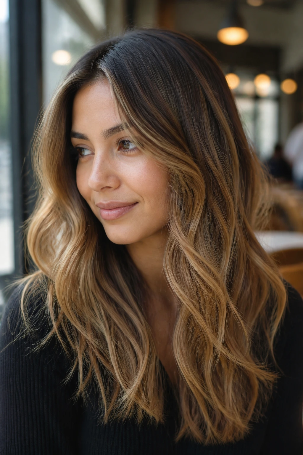 Close-up of real woman with olive complexion and toasted honey balayage in loose waves