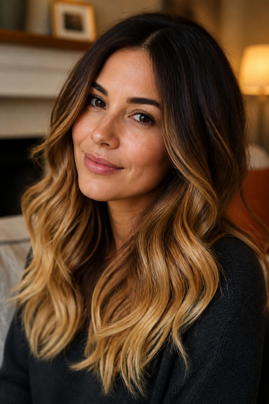 Close-up of a woman with tobacco brown to honey ombre hair