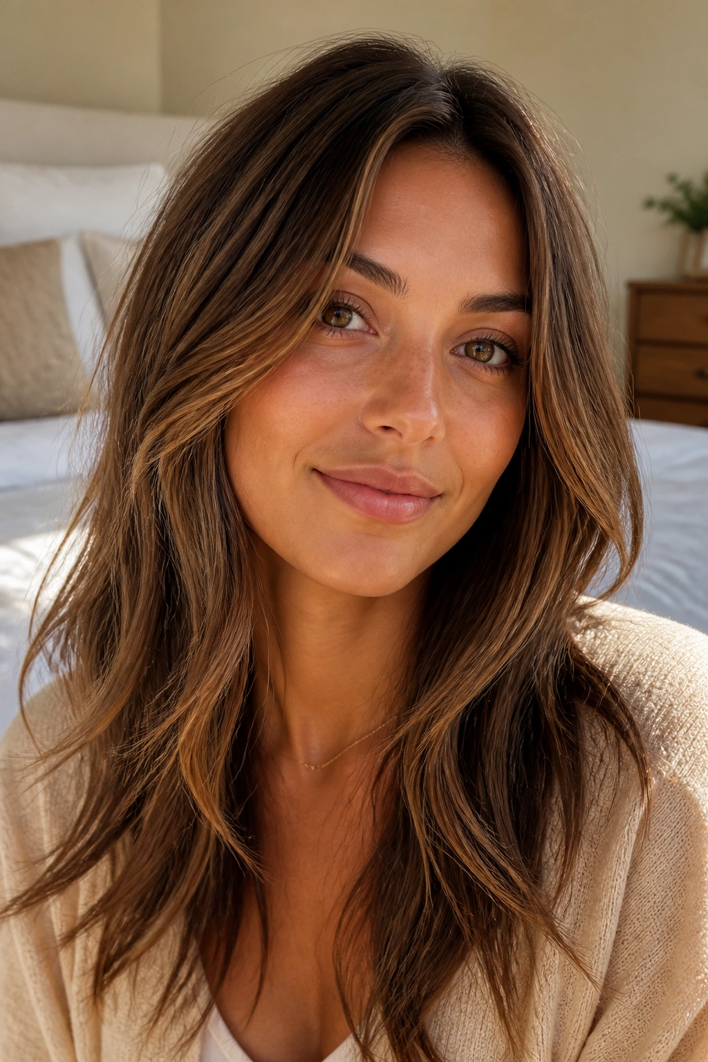 Close-up portrait of a woman with delicate toffee babylights in brown hair.
