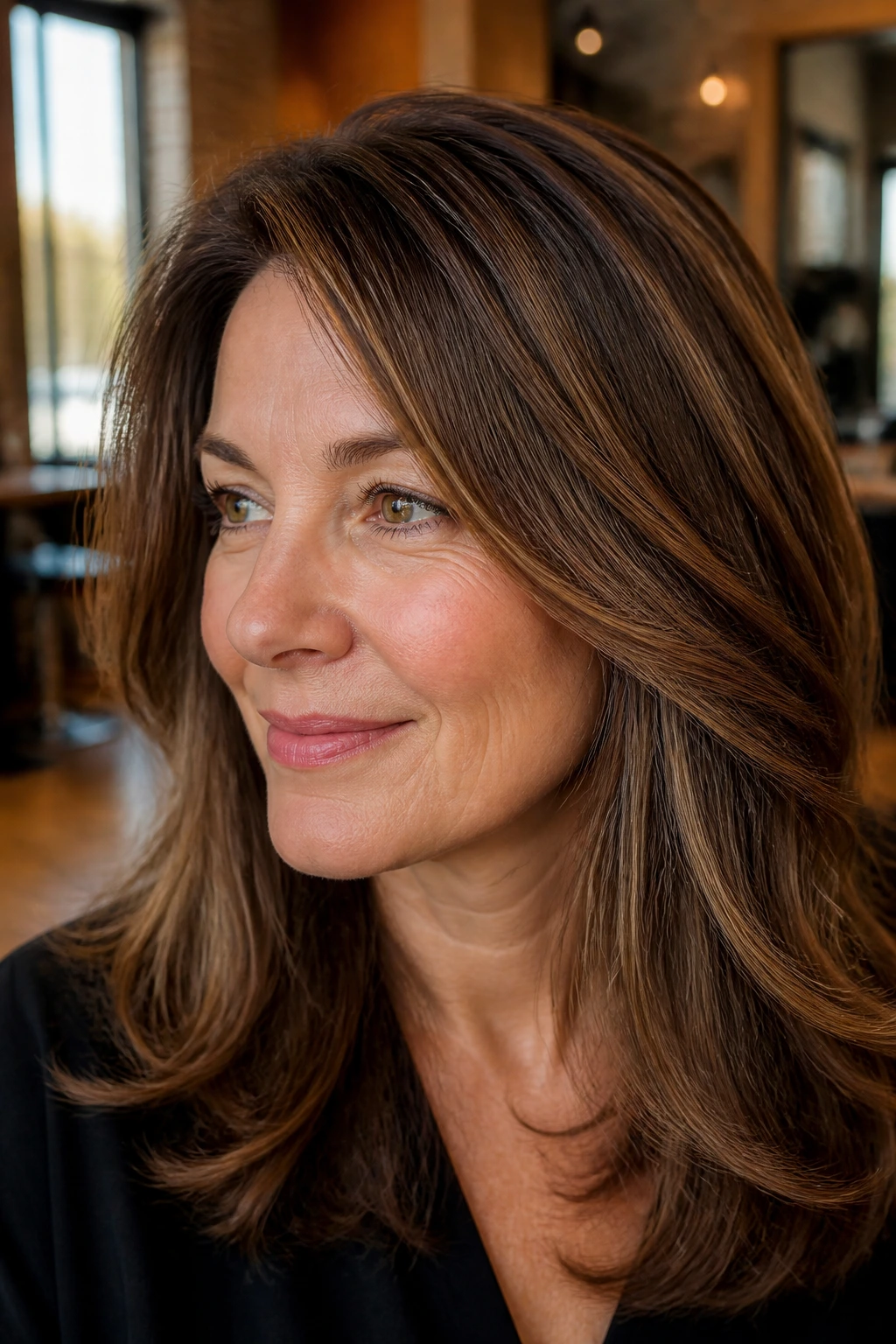 Close-up portrait of a real woman with subtle toffee babylights on a medium brown base.