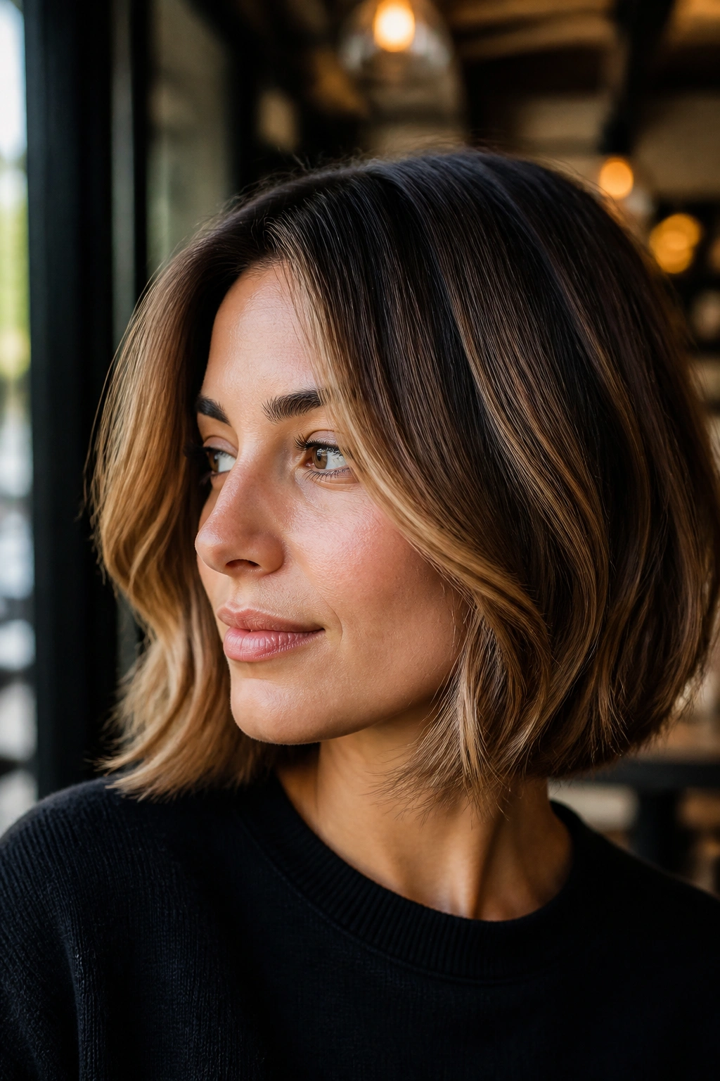 Close-up of a woman with a soft bob and toffee balayage in warm daylight.