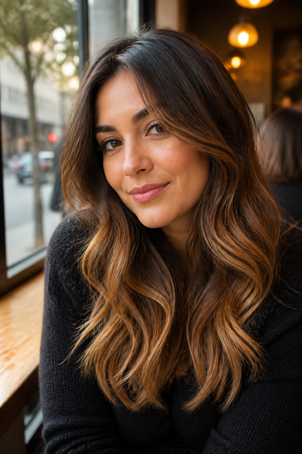 Portrait of a woman with toffee balayage highlights on brunette hair