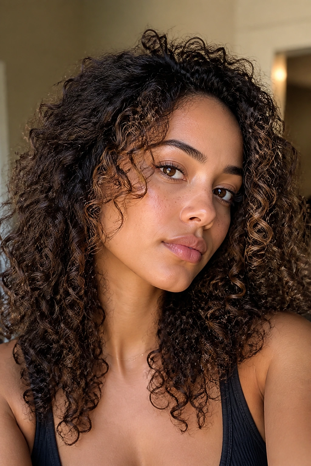 Close-up of a real woman with toffee balayage around the cheekbone curls