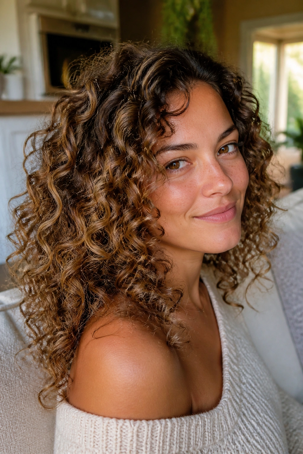 Real woman with curly hair showing toffee balayage on curls