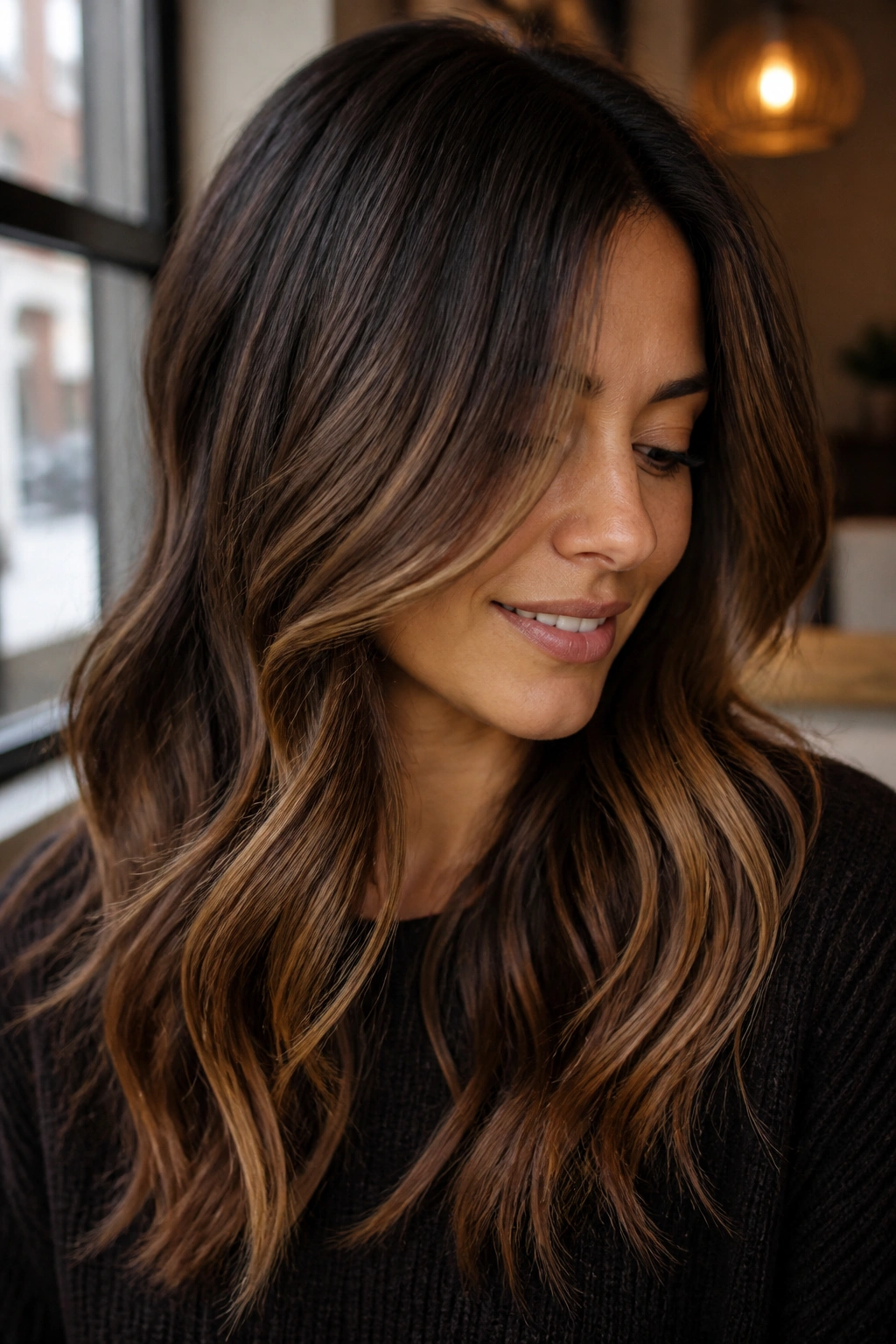 Close-up of toffee balayage on layered dark brown hair