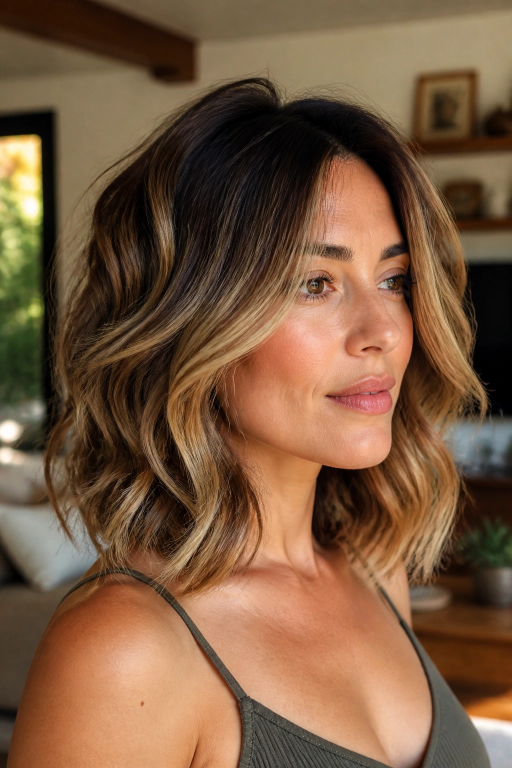 Close-up of layered lob with toffee balayage on curly hair