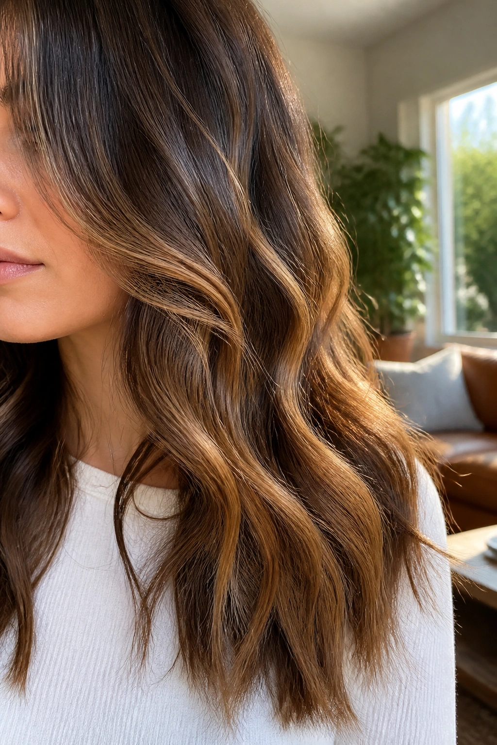 Close-up of toffee brown balayage on mid-lengths of wavy hair.