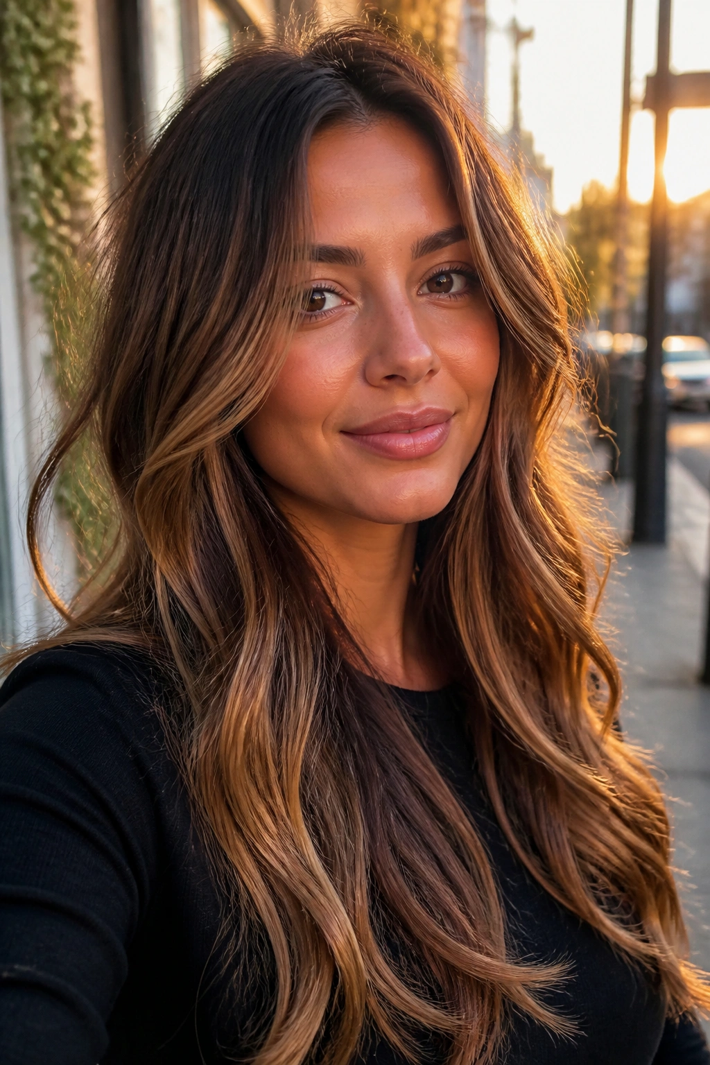 Close-up of a real woman with toffee balayage hair in sunlit outdoor setting
