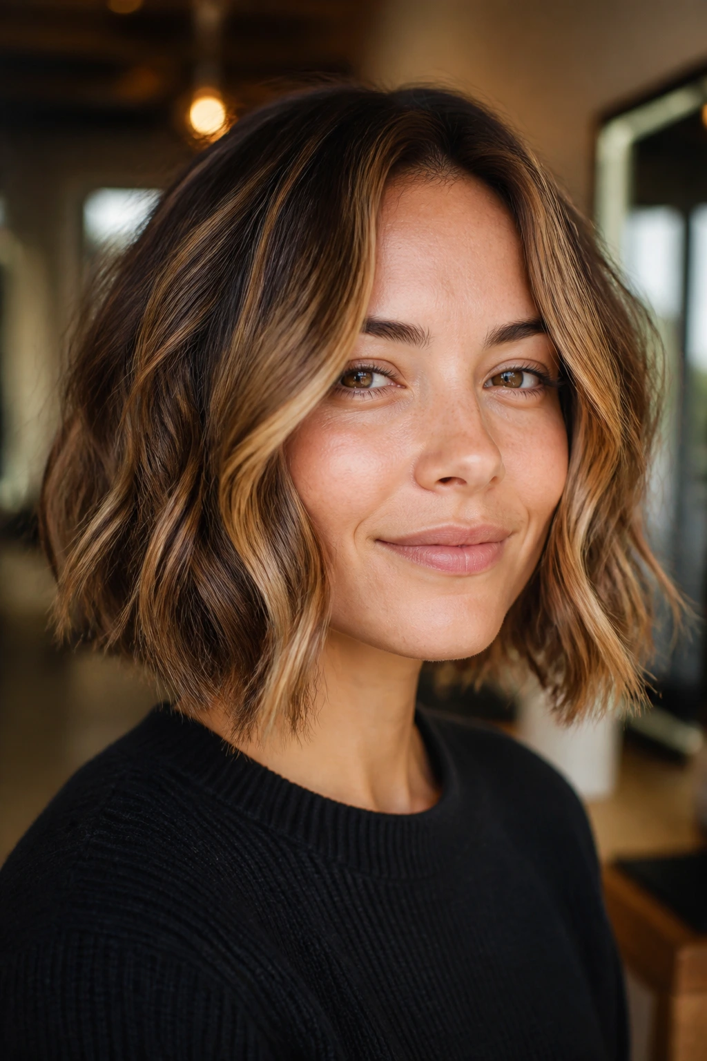 Close-up of a real woman with wavy bob and toffee balayage in warm light
