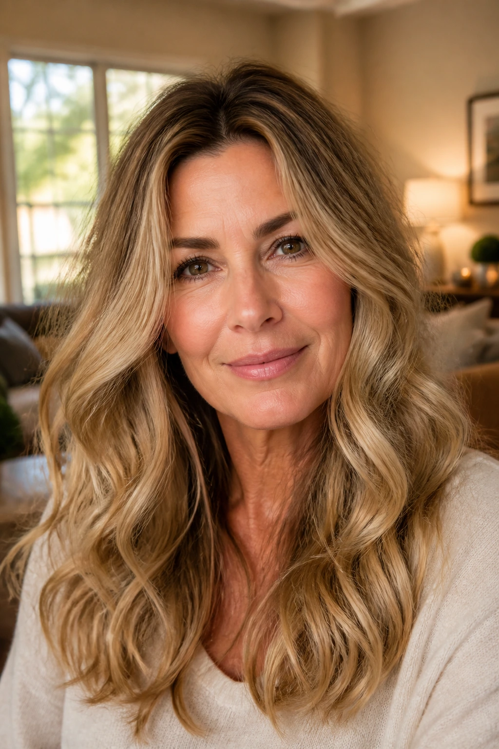 Close-up portrait of a real woman with Toffee Blonde hair showing brunette roots and gold beige ends