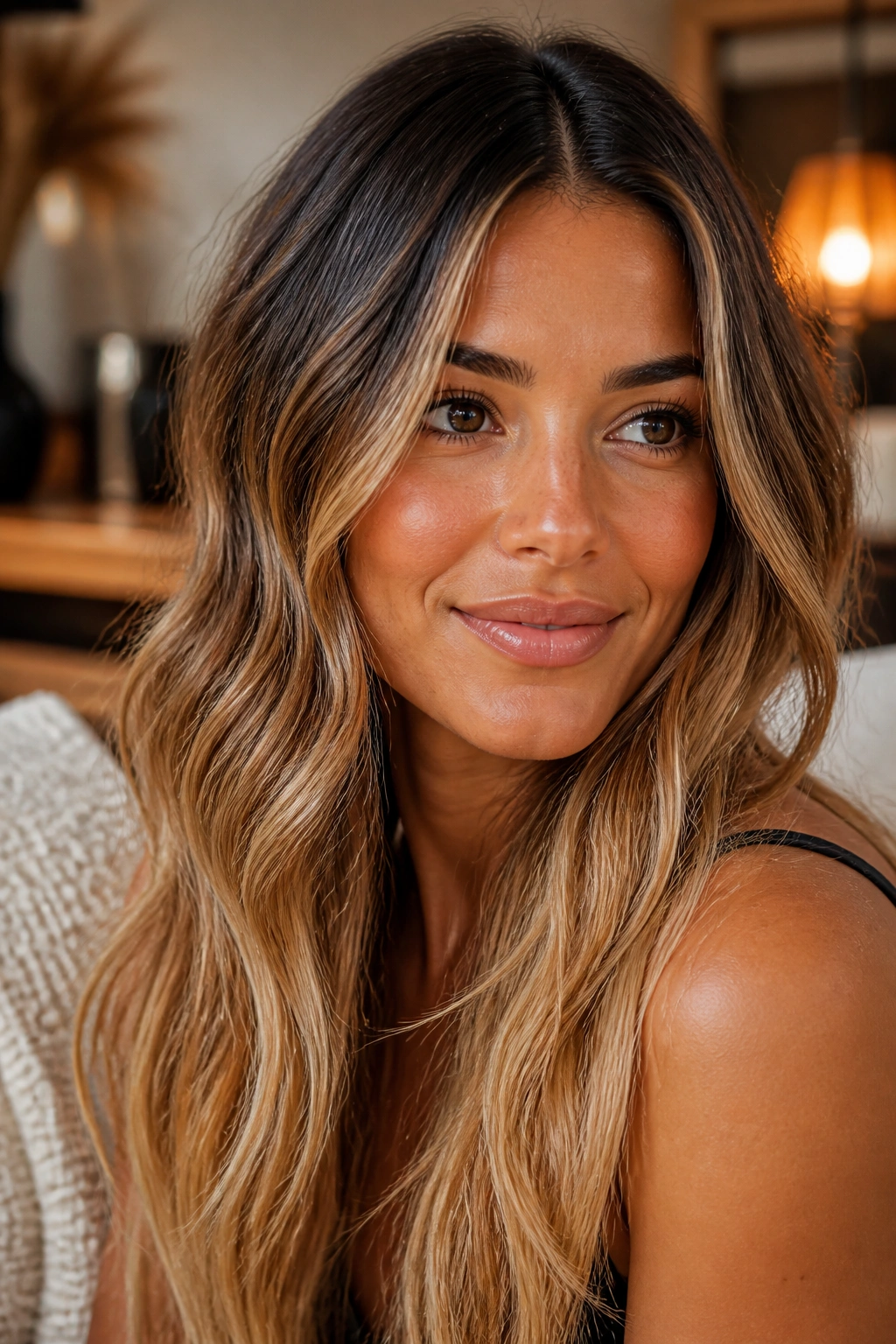 Real-woman portrait with toffee blonde melt showing a warm gradient in a cozy interior.